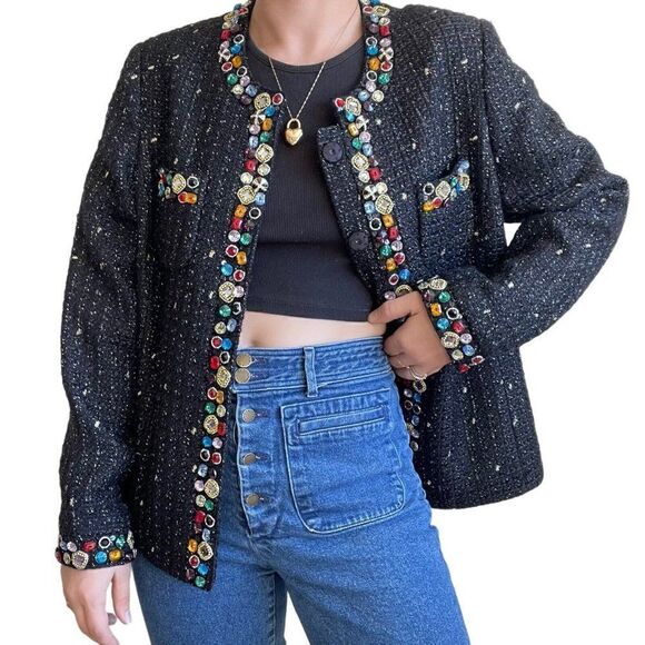 Vintage 80s Berek Black Tweed Rainbow Jeweled Beaded Blazer Jacket XL - Picture 6 of 10